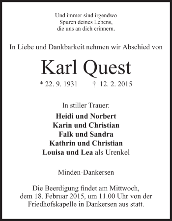 Anzeige von Karl Quest von Mindener Tageblatt