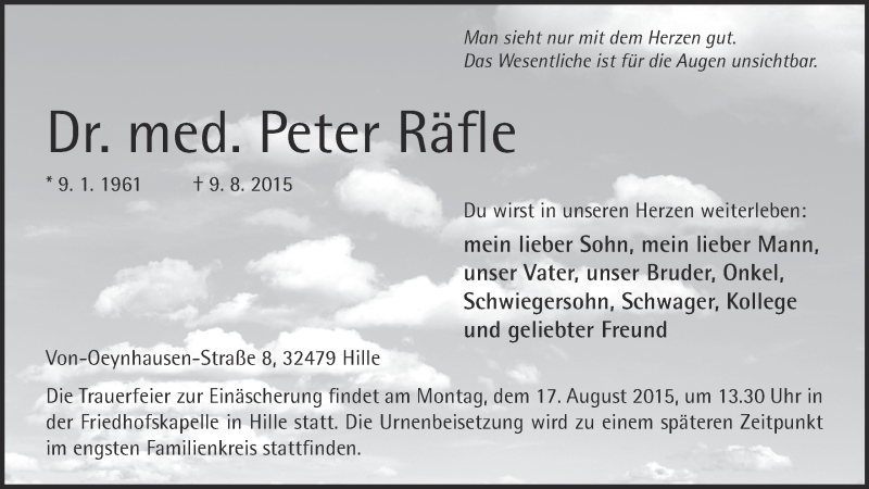  Traueranzeige für Peter Räfle vom 12.08.2015 aus Mindener Tageblatt