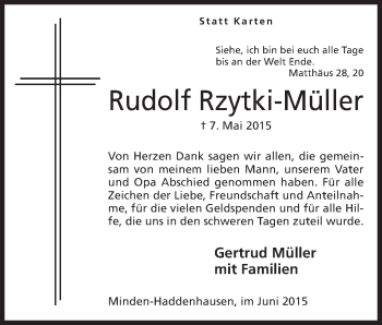 Anzeige von Rudolf Rzytki-Müller von Mindener Tageblatt