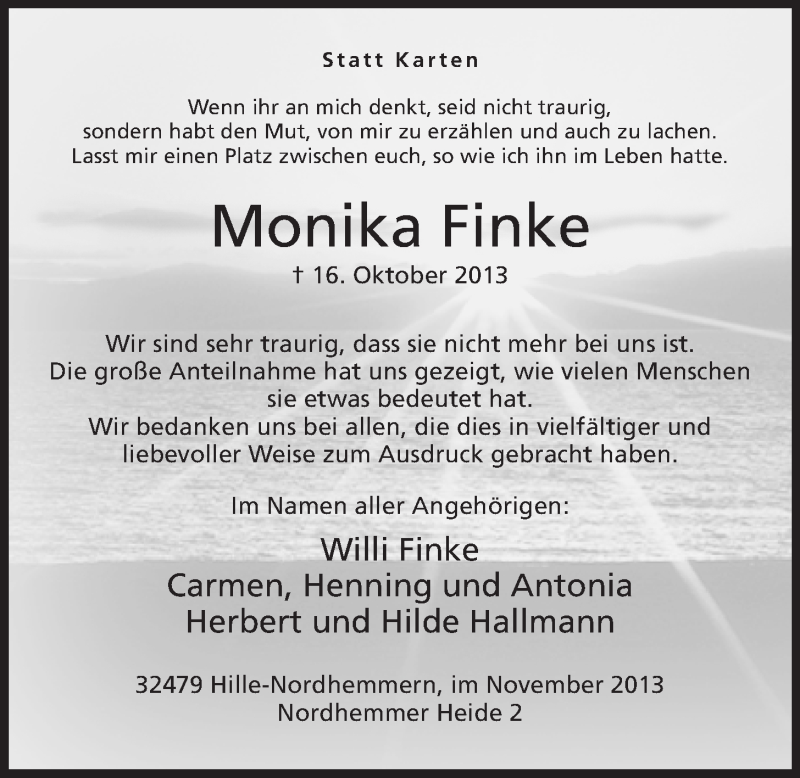  Traueranzeige für Monika Finke vom 16.11.2013 aus Mindener Tageblatt
