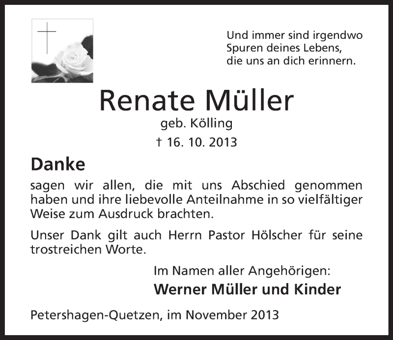  Traueranzeige für Renate Müller vom 16.11.2013 aus Mindener Tageblatt