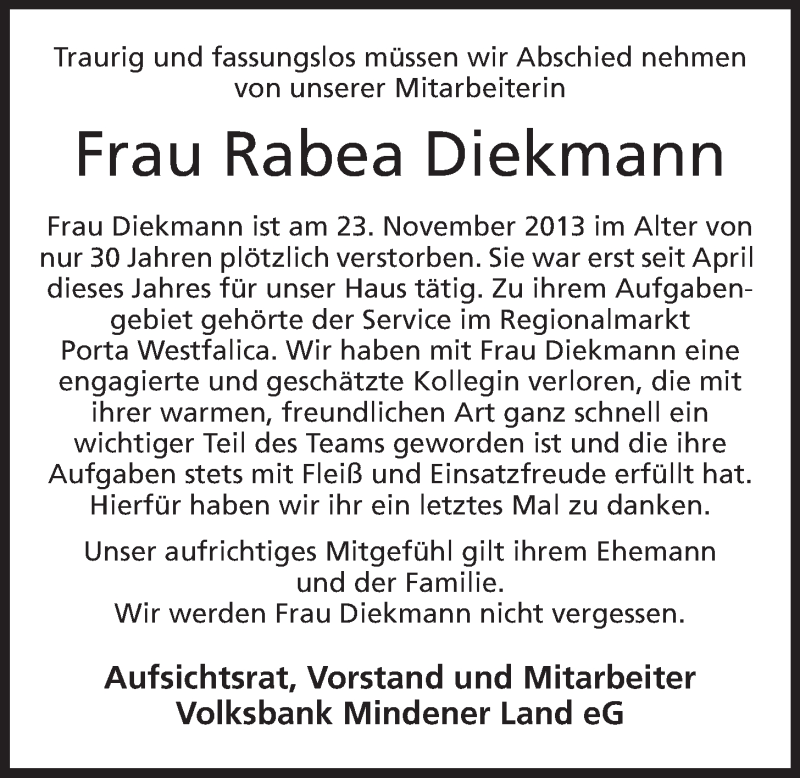  Traueranzeige für Rabea Diekmann vom 30.11.2013 aus Mindener Tageblatt