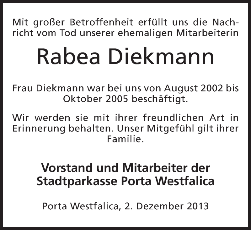  Traueranzeige für Rabea Diekmann vom 03.12.2013 aus Mindener Tageblatt