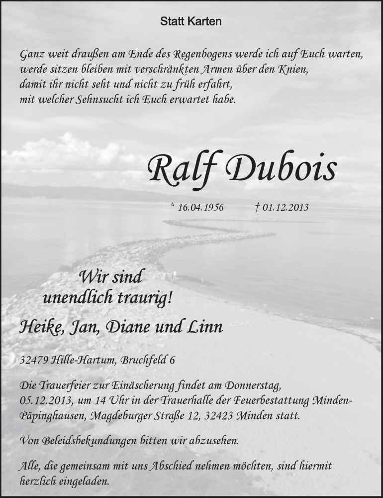  Traueranzeige für Ralf Dubois vom 04.12.2013 aus Mindener Tageblatt