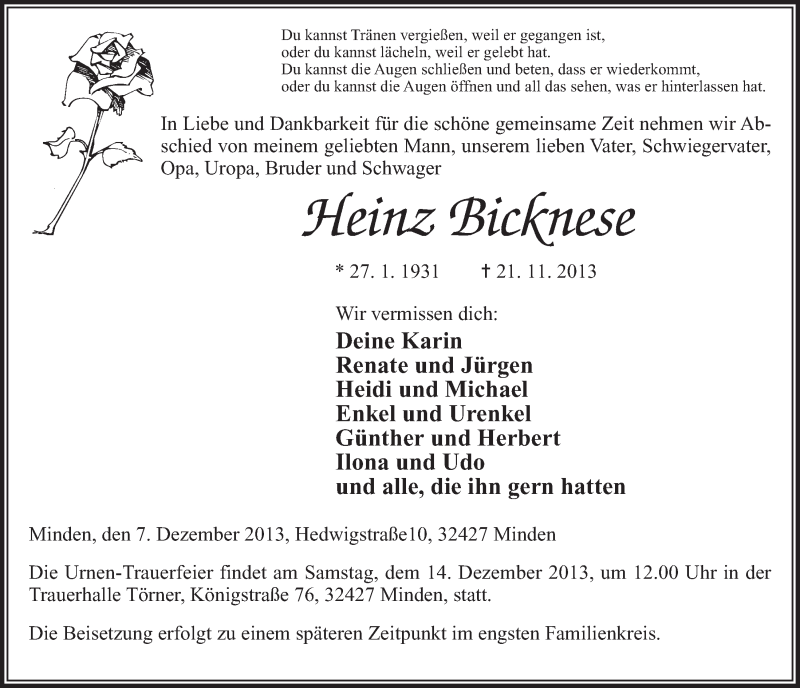  Traueranzeige für Heinz Bicknese vom 07.12.2013 aus Mindener Tageblatt