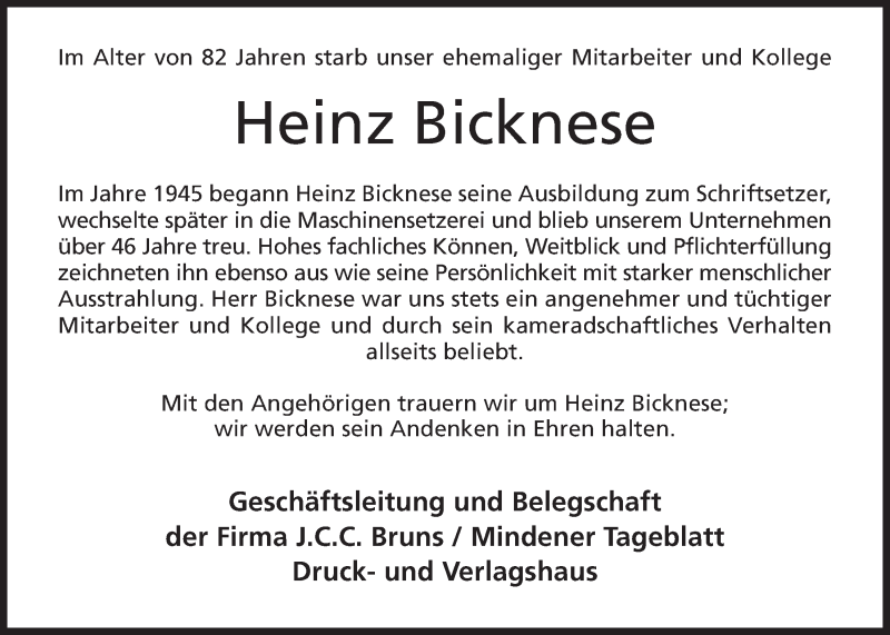  Traueranzeige für Heinz Bicknese vom 07.12.2013 aus Mindener Tageblatt