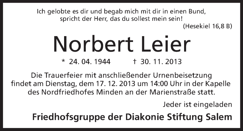  Traueranzeige für Norbert Leier vom 14.12.2013 aus Mindener Tageblatt