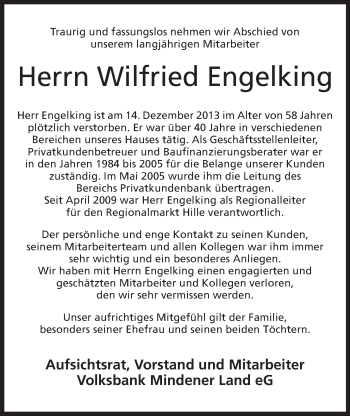 Anzeige von Wilfried Engelking von Mindener Tageblatt