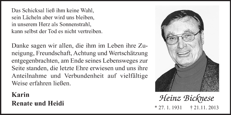 Traueranzeige für Heinz Bicknese vom 21.12.2013 aus Mindener Tageblatt