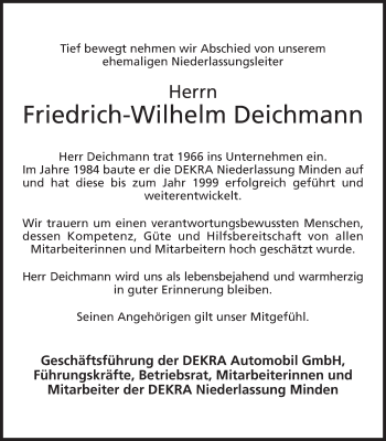 Anzeige von Friedrich-Wilhelm Deichmann von Mindener Tageblatt