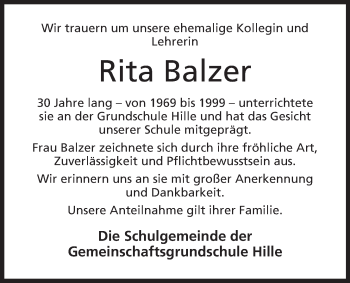 Anzeige von Rita Balzer von Mindener Tageblatt