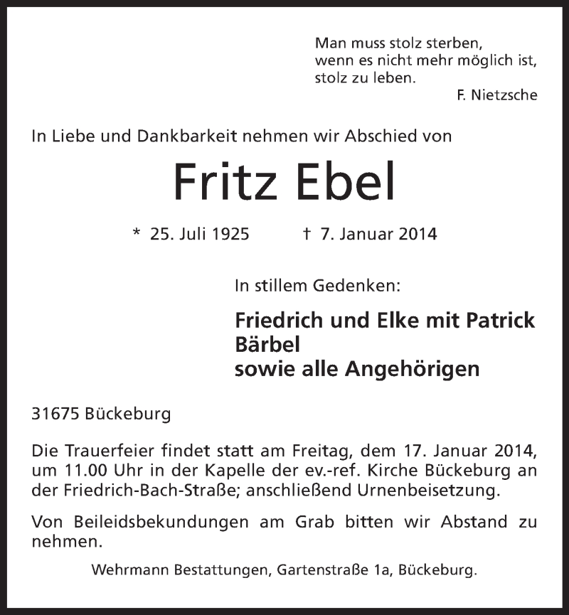  Traueranzeige für Fritz Ebel vom 11.01.2014 aus Mindener Tageblatt