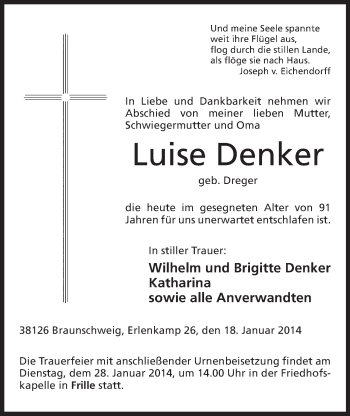 Anzeige von Luise Denker von Mindener Tageblatt