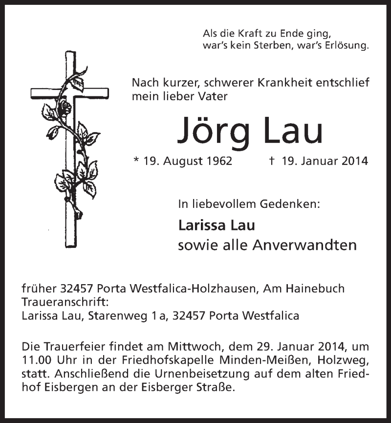 Traueranzeige für Jörg Lau vom 25.01.2014 aus Mindener Tageblatt