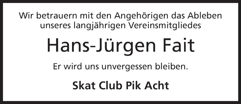  Traueranzeige für Hans-Jürgen Fait vom 25.01.2014 aus Mindener Tageblatt