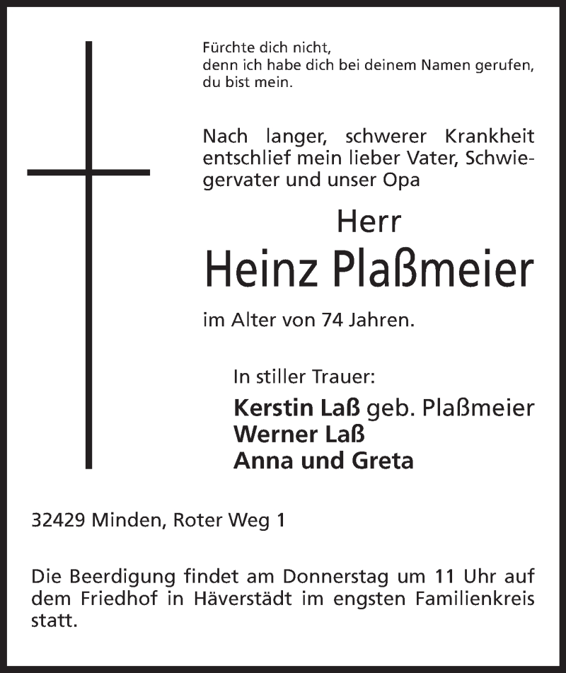  Traueranzeige für Heinz Plaßmeier vom 27.01.2014 aus Mindener Tageblatt