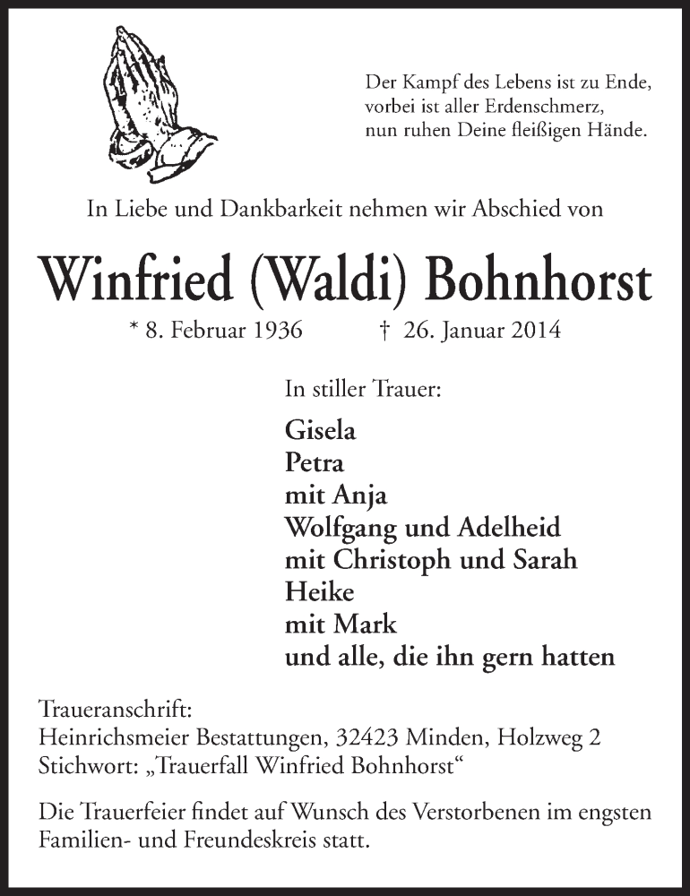  Traueranzeige für Winfried Waldi Bohnhorst vom 28.01.2014 aus Mindener Tageblatt