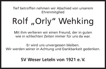 Anzeige von Rolf Wehking von Mindener Tageblatt