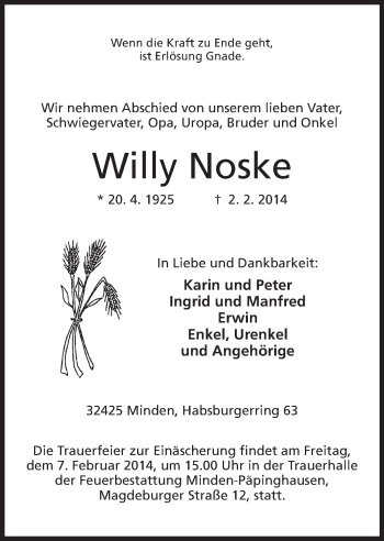 Anzeige von Willy Noske von Mindener Tageblatt