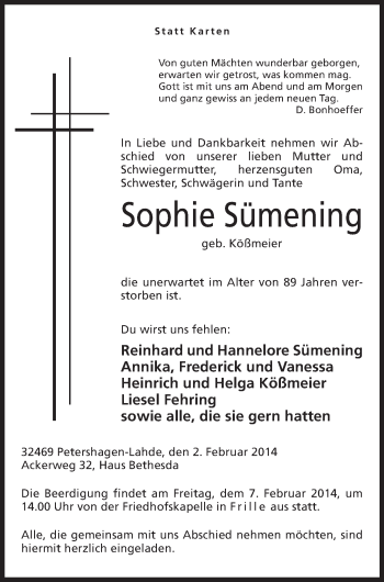Anzeige von Sophie Sümening von Mindener Tageblatt