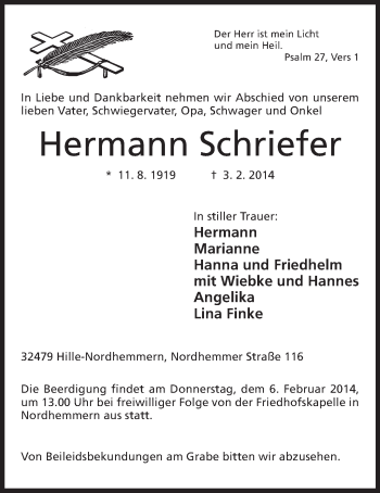 Anzeige von Hermann Schriefer von Mindener Tageblatt