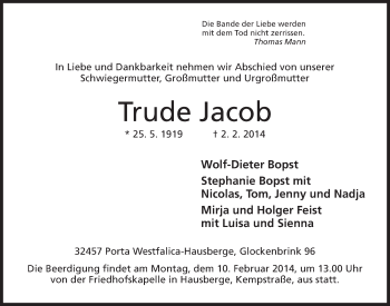 Anzeige von Trude Jacob von Mindener Tageblatt