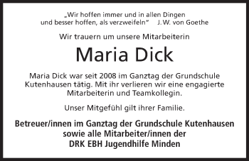 Anzeige von Maria Dick von Mindener Tageblatt