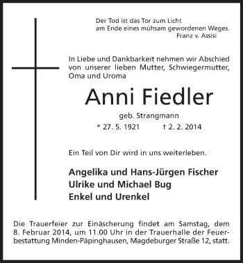 Anzeige von Anni Fiedler von Mindener Tageblatt