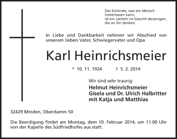 Anzeige von Karl Heinrichsmeier von Mindener Tageblatt