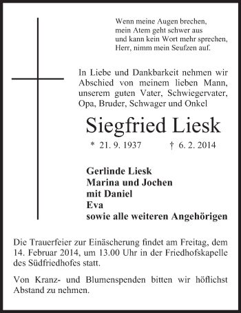 Anzeige von Siegfried Liesk von Mindener Tageblatt