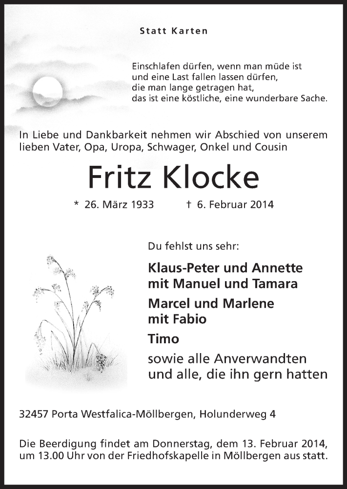  Traueranzeige für Fritz Klocke vom 08.02.2014 aus Mindener Tageblatt