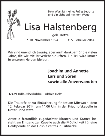 Anzeige von Lisa Halstenberg von Mindener Tageblatt