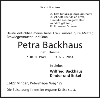 Anzeige von Petra Backhaus von Mindener Tageblatt