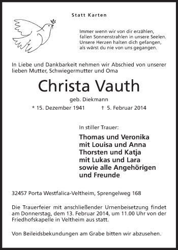 Anzeige von Christa Vauth von Mindener Tageblatt