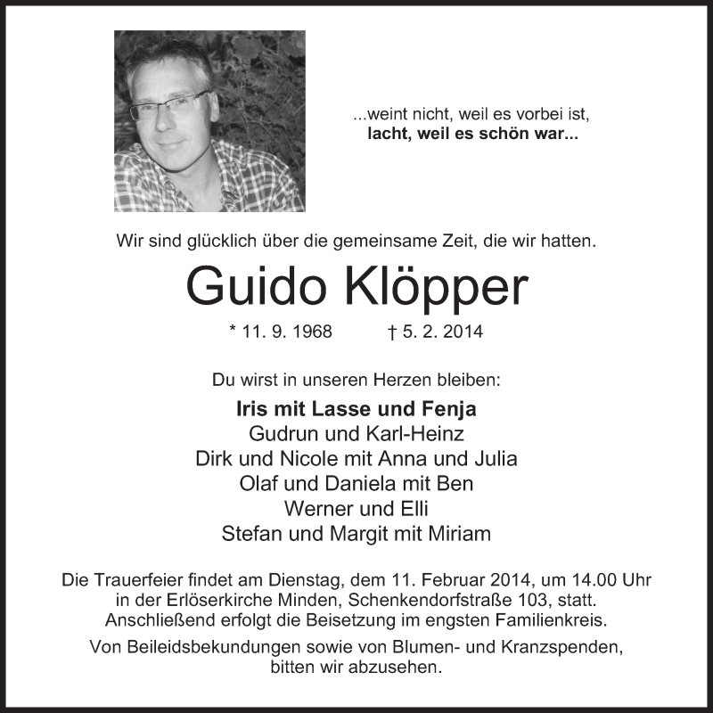  Traueranzeige für Guido Klöpper vom 08.02.2014 aus Mindener Tageblatt