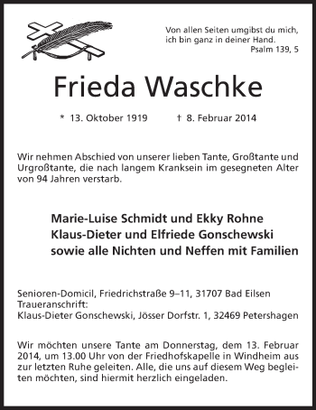 Anzeige von Frieda Waschke von Mindener Tageblatt