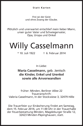 Anzeige von Willy Casselmann von Mindener Tageblatt