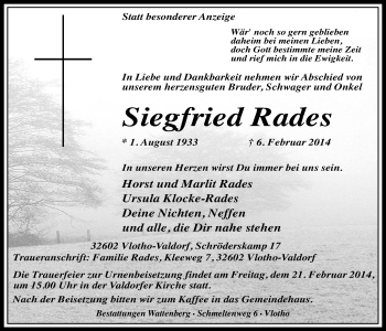 Anzeige von Siegfried Rades von Mindener Tageblatt
