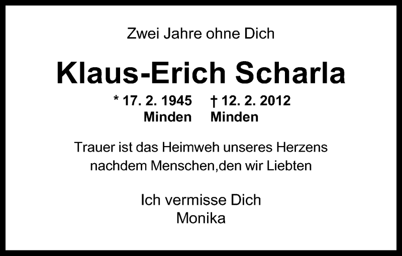  Traueranzeige für Klaus-Erich Scharla vom 12.02.2014 aus Mindener Tageblatt