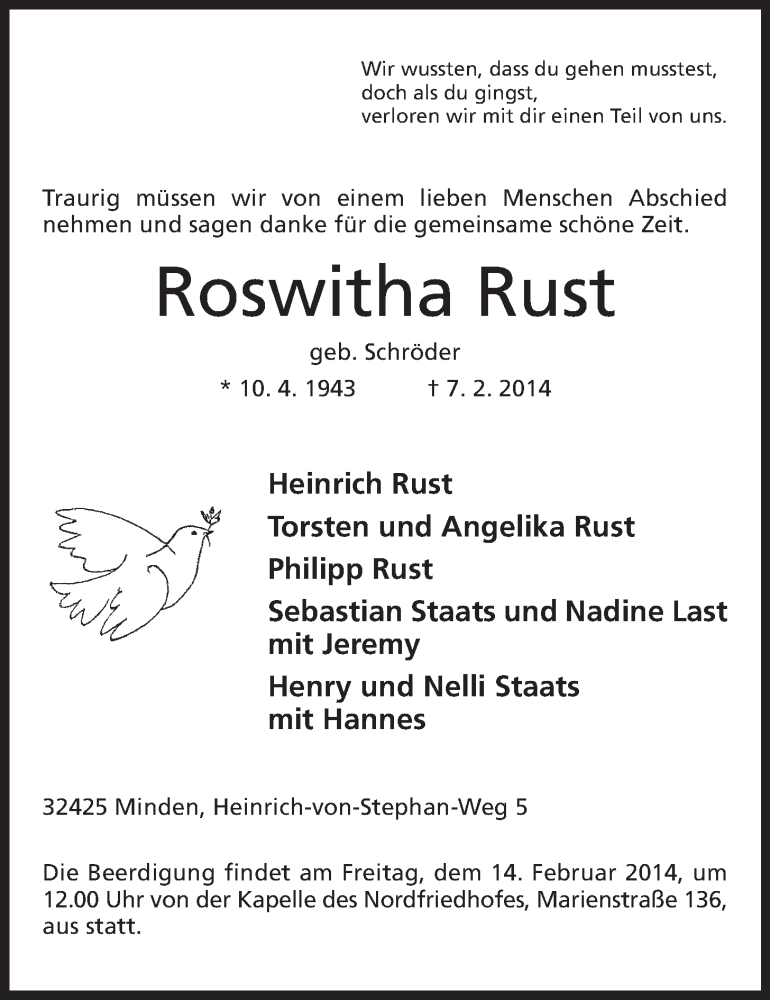  Traueranzeige für Roswitha Rust vom 11.02.2014 aus Mindener Tageblatt