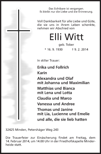 Anzeige von Elli Witt von Mindener Tageblatt