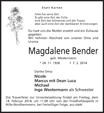 Anzeige von Magdalene Bender von Mindener Tageblatt