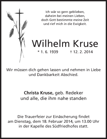 Anzeige von Wilhelm Kruse von Mindener Tageblatt