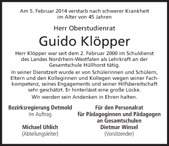 Anzeige von Guido Klöpper von Mindener Tageblatt