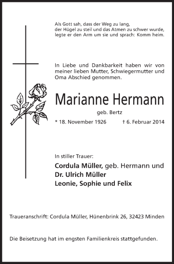 Anzeige von Marianne Hermann von Mindener Tageblatt