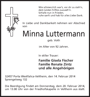 Anzeige von Minna Luttermann von Mindener Tageblatt