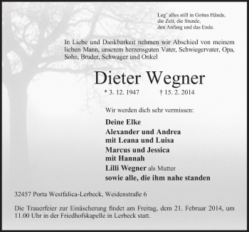 Anzeige von Dieter Wegner von Mindener Tageblatt