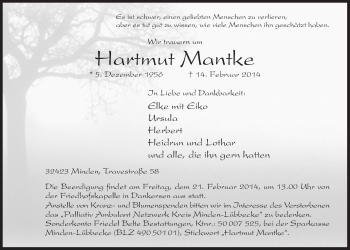 Anzeige von Hartmut Mantke von Mindener Tageblatt