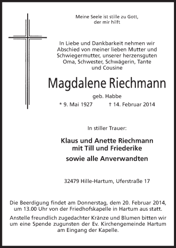 Anzeige von Magdalene Riechmann von Mindener Tageblatt