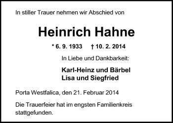 Anzeige von Heinrich Hahne von Mindener Tageblatt